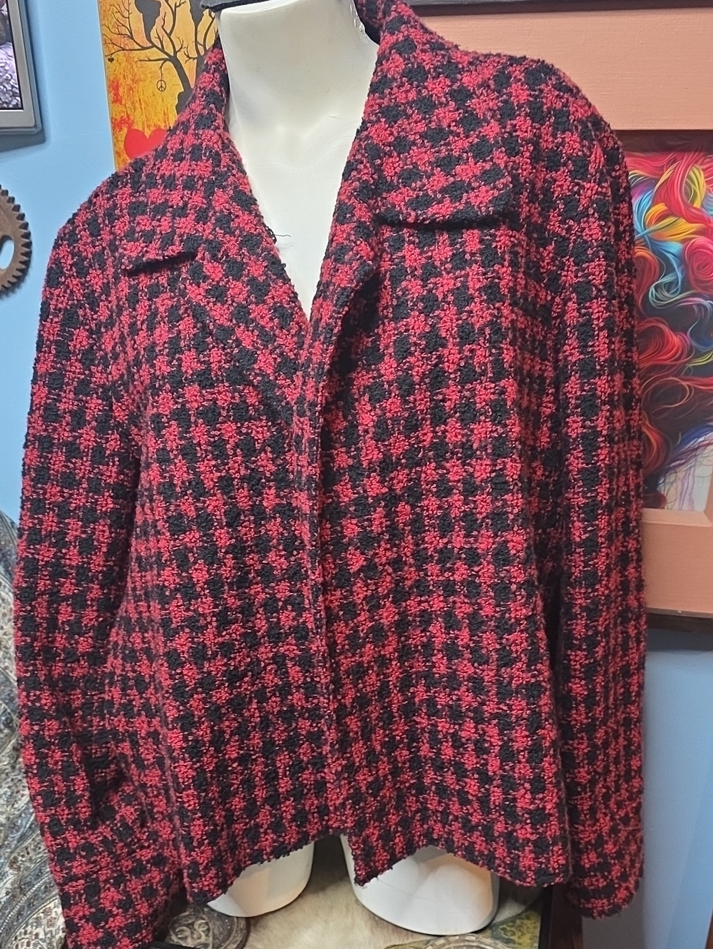 Coldwater Creek Red & Black Houndstooth Bouclé Blazer